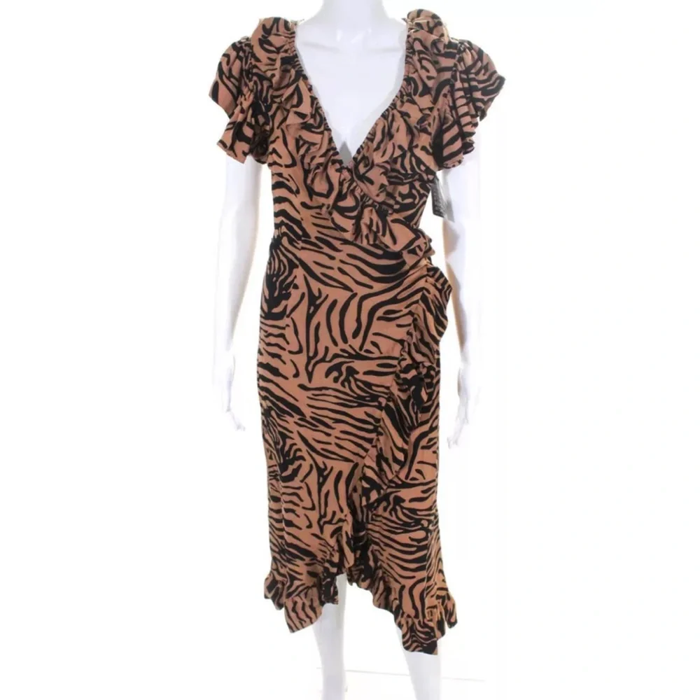 De La Vali Cadaques Tiger Stripe Ruffled Crepe True Wrap Dress US 2 UK 6…